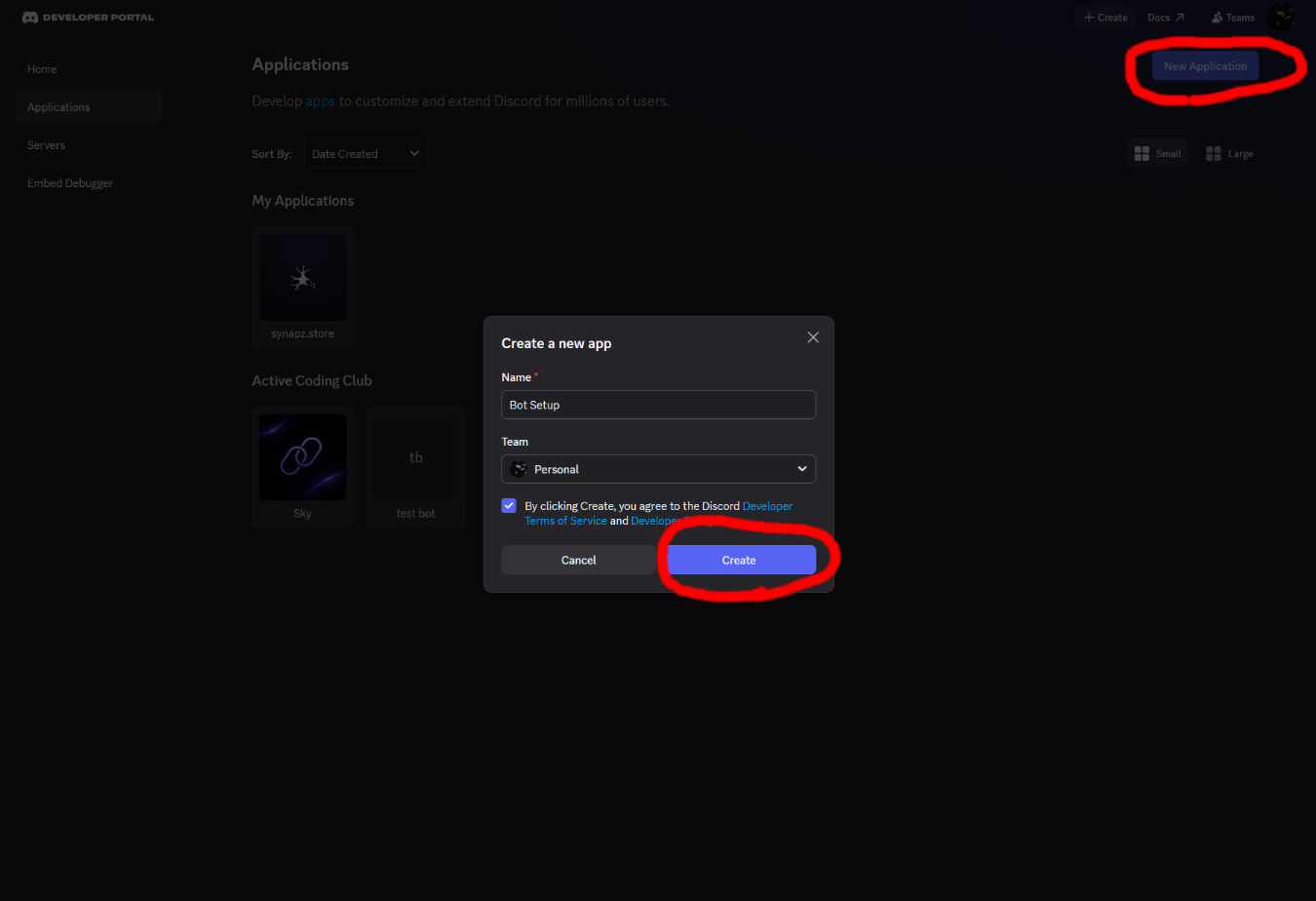 Creating the bot in the Discord Developer Portal