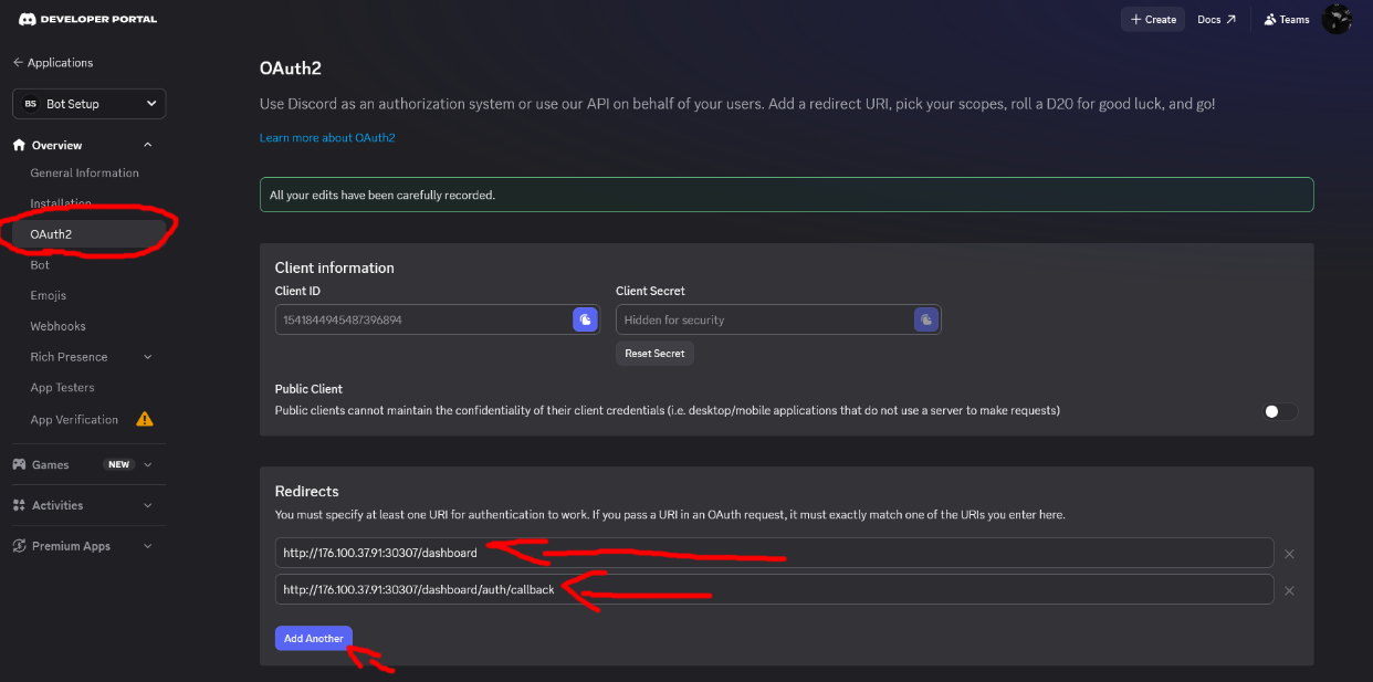 Add redirects in Discord Developer Portal